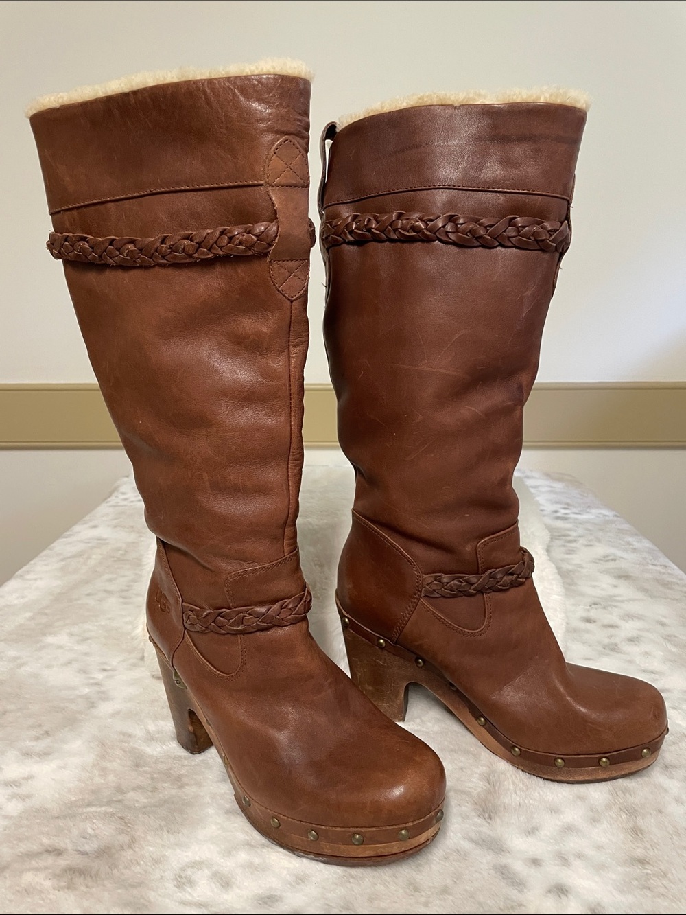 UGG Tall Brown Leather Shearling-Lined Braided Cuff Boots